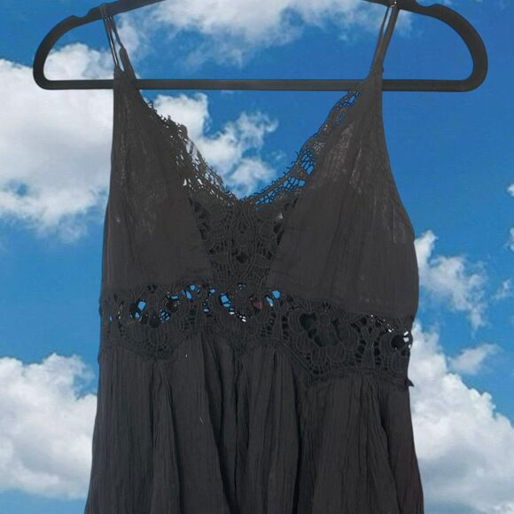 Free People One Dress Womens XS Black Cotton Mini Prairie Goth Festival Raw Hem - Picture 2 of 8